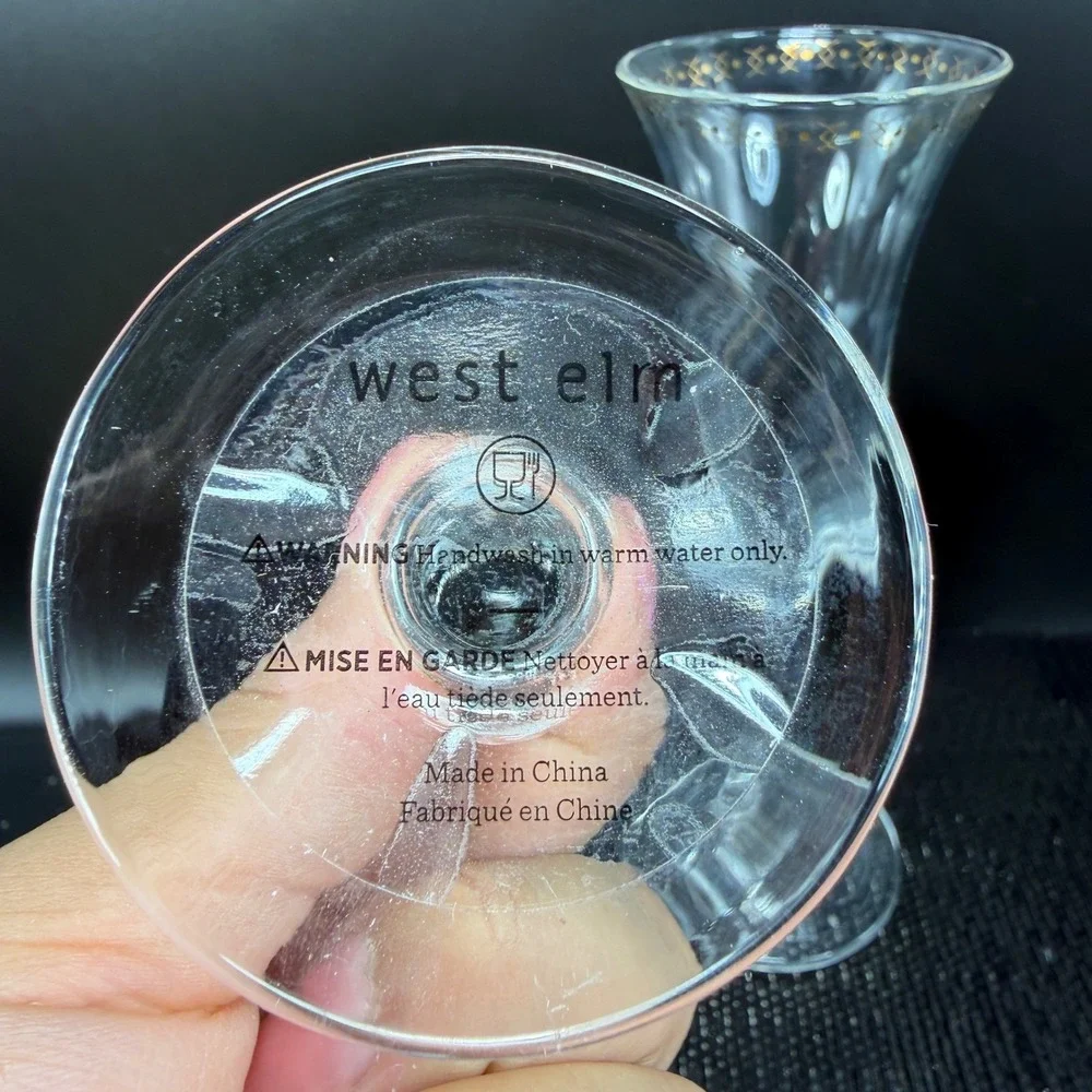 West Elm Gold Pattern Champagne Flutes Set of 2 Flared‎ Stemware Clear Glass VTG